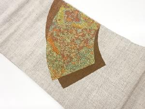 手織り紬切り嵌め相良刺繍地紙に花々模様名古屋帯